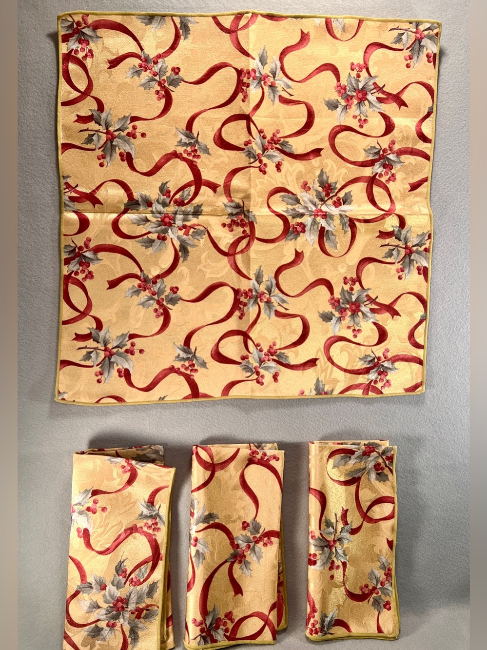 Double Take Holly & Ribbon Reversible Damask Napkins Set of 4 Christmas